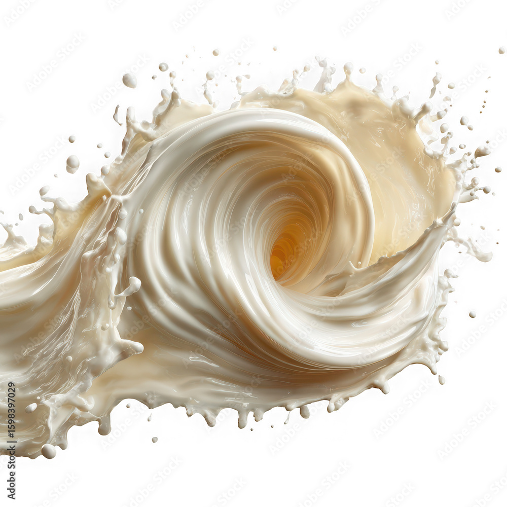 Poster a dynamic swirl of creamy milk splashes and droplets isolated on white isolated on transparent backg