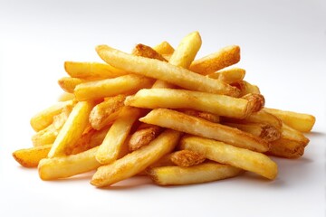 Golden brown french fries piled high isolated on white background