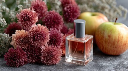 A close-up view of a red perfume bottle elegantly placed among delicate flowers and green apples against a dark background