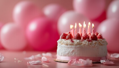 Festive birthday cake topped with strawberries and lit candles, surrounded by pink balloons and petals, showcasing celebration.