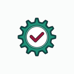 Verified Settings Icon, Green gear with red checkmark for quality assurance, reliability, and operational approval concept

