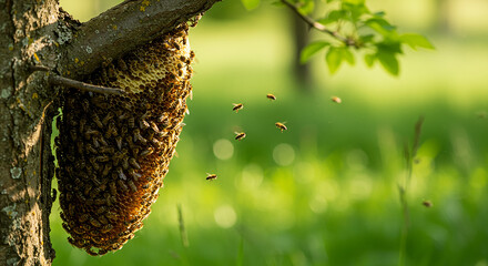 Wild Honeybee Swarm and Hive on a Tree Branch in Nature
