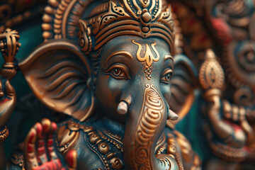 Obraz premium Bright holiday composition for happy Ganesh Chaturthi, abstract vivid composition consists of fictional unreal fantastic vision on background