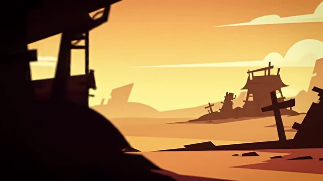 Silhouette structures against a yellow gradient sky, with blocky buildings in distance