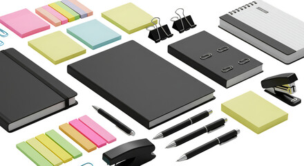 A collection of office supplies including notebooks pens and sticky notes