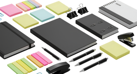 A collection of office supplies including notebooks pens and sticky notes