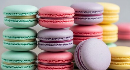 Colorful French macarons stacked in neat rows, featuring pastel shades of green, pink, purple, and yellow.