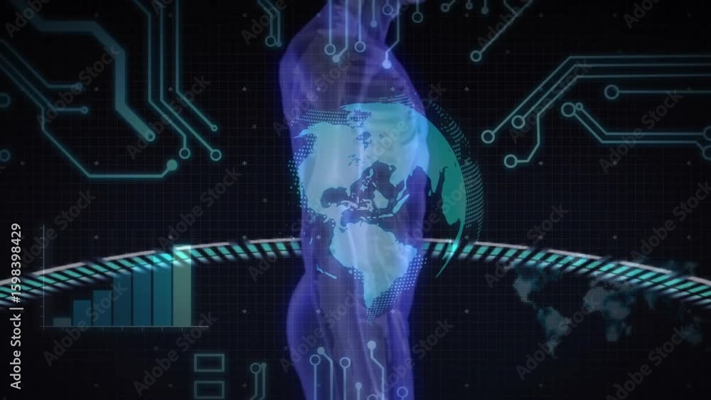 Poster globe materializing above grid, ring rotating and hologram emerging to map continents onto figure