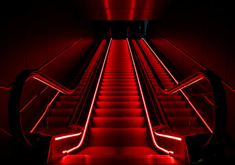 Futuristic red escalator leading upwards in a dark environment