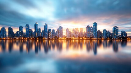 Obraz premium Downtown Bustling downtown cityscape with illuminated skyscrapers reflecting in the river.