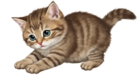 Adorable tabby kitten pouncing with big blue eyes