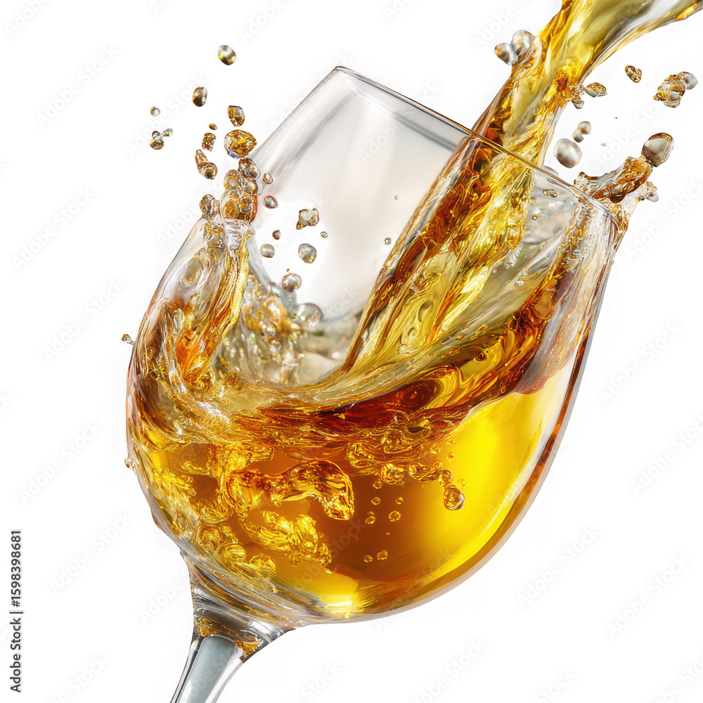 Poster golden liquid splashing into a wine glass, creating dynamic motion isolated on transparent backgroun