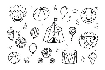 Circus Fun Fair Doodle: A collection of whimsical, hand-drawn circus elements, including a tent, balloons, playful animals, and a unicycle.  Illustrating the magic of the carnival in a unique style. © Mohiuddin123