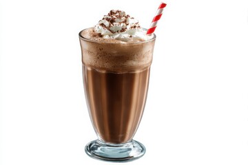 Delicious chocolate milkshake with whipped cream and chocolate shavings in a glass with a straw isolated on white background