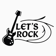 Electric guitar emblem with “Let’s Rock” text, Bold black and white music logo