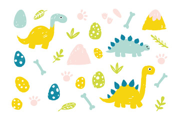 Colorful Dinosaur Illustration: Whimsical dinosaur illustrations and associated elements, perfect for playful and educational designs.