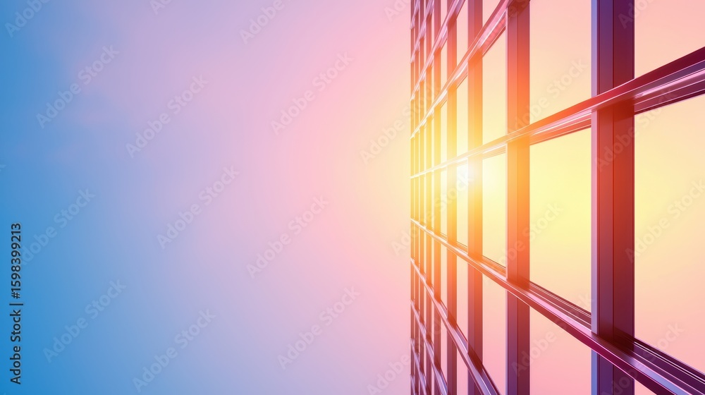Poster structure modern building framework with geometric steel and glass elements.