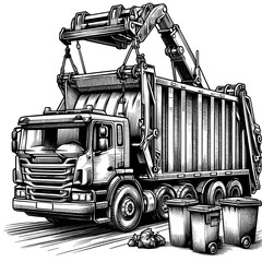 Garbage truck illustration in black-and-white style for waste management