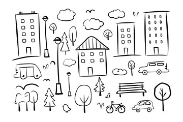 Obraz premium Urban Doodle Collection: A collection of whimsical doodles showcasing urban elements, inviting creativity and illustrating the essence of city life with playful simplicity.