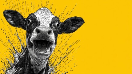 A cow appears to comically burst through a vibrant yellow backdrop, creating a playful atmosphere ideal for virtual meetings or online gatherings. Its exaggerated expression adds humor