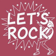 Playful cartoon character with "Let’s Rock" text and starburst background, Fun poster or event graphic