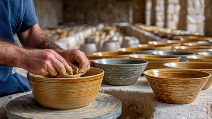 Hands skillfully mold clay on a pottery wheel, surrounded by unglazed jugs in a warmly lit workshop