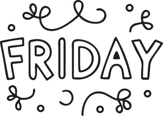 Isolated Friday Typography, festive black script letters, confetti font, celebration theme, party vector design style