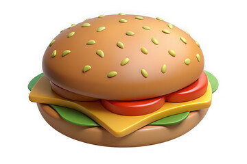Stylized cartoon burger with sesame seed bun and fresh toppings