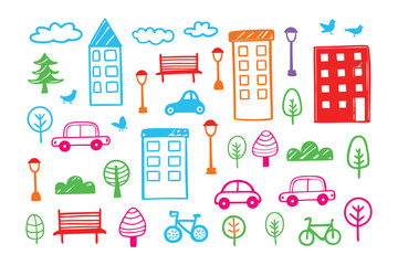 City Elements Sketch: A whimsical, hand-drawn illustration presents a cheerful cityscape. The scene features colorful buildings, vehicles, trees, and streetlights.