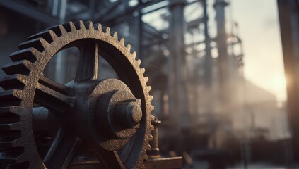 Industrial Gears and Architecture: Captivating detail of industrial gears against the backdrop of a majestic factory interior, evoking a sense of power, precision.
