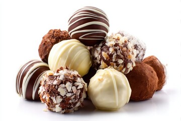Assortment of gourmet chocolate truffles with various toppings isolated on white background