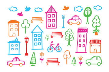 Cityscape Sketch: A collection of colorful, hand-drawn illustrations captures the essence of a vibrant city scene. Featuring houses, cars, trees, and more.