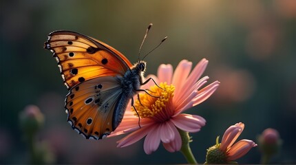 Obraz premium Butterfly on Pink Flower at Sunset