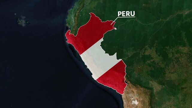 Zoom from Earth to Peru. (Country Flag) World map animation with highlighted country borders. Satellite 3d world map animation highlights aerial views, tourism, and travel. 4k
