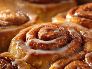 glazed cinnamon rolls fresh from oven, golden brown crust, melted icing and warm cozy light, close-up shot