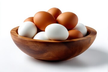 A wooden bowl filled with brown and white eggs isolated on white background
