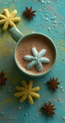 Warm Beverage Delight: A close-up shot showcases a cup filled with a comforting warm drink, artfully adorned with star-shaped decorations, creating a cozy and inviting atmosphere.