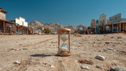In a deserted western town, a small hourglass rests in the dusty ground. This solitary object contrasts with the empty buildings, evoking a sense of time lost in an abandoned landscape
