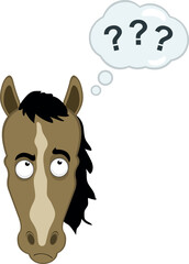 vector illustration character face horse cartoon, with a doubtful or thinking expression and a thought cloud with question marks