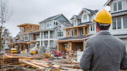 A construction manager is positioned at the edge of a residential construction site. He observes the progress of multiple homes being built, alongside various construction vehicles, under a gray sky