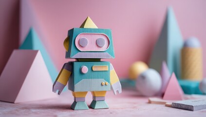 Playful Bot: A whimsical robot character constructed from colorful geometric shapes stands amidst soft pastel-colored backgrounds, offering a delightful fusion of design and innovation.