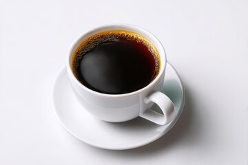A white ceramic cup filled with hot black coffee and a frothy surface isolated on white background