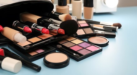 Vibrant Makeup Collection: Lipsticks, Palettes, Brushes on Light Blue Surface