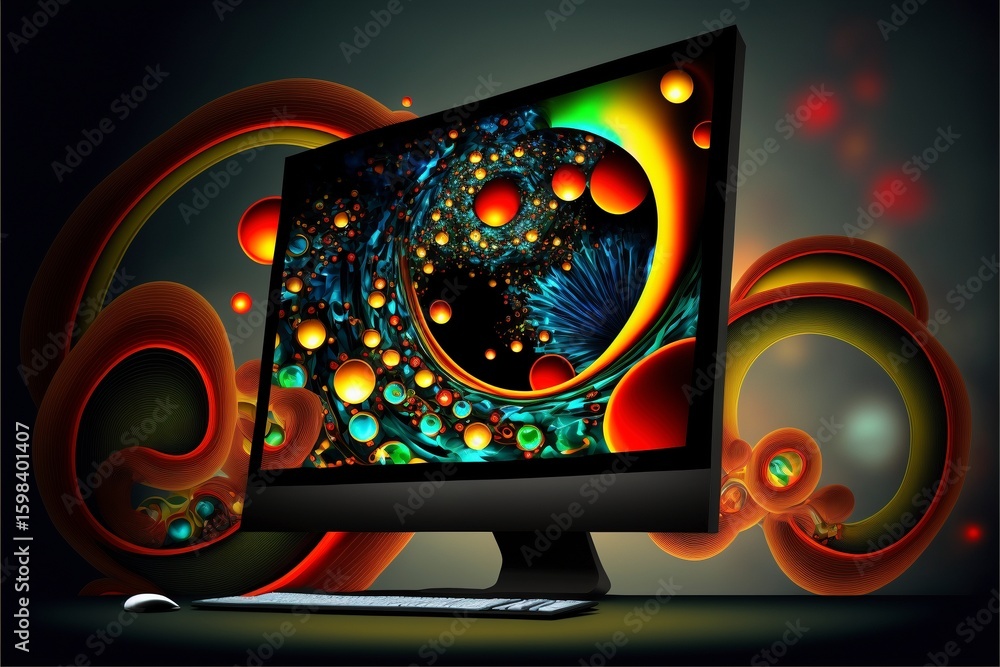Fototapete Abstract computer workstation with a vivid fractal screen display, surrounded by surreal, swirling shapes. A modern, artistic computing environment.
