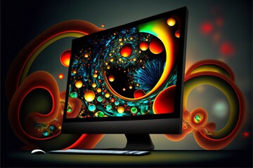 Abstract computer workstation with a vivid fractal screen display, surrounded by surreal, swirling shapes. A modern, artistic computing environment.