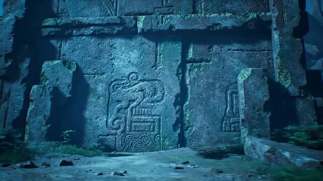 Ancient stone wall with animal relief and geometric carvings, lit in blue light