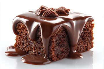 Rich chocolate brownie drizzled with melted chocolate and topped with chocolate shavings isolated on white background