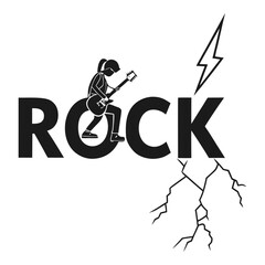 Dynamic rock music poster featuring guitarist icon, lightning symbol and rugged texture