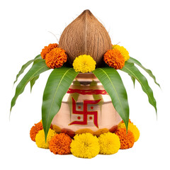 Copper kalash pot with coconut, mango leaves, marigold flowers and red Swastik for Indian puja and rituals