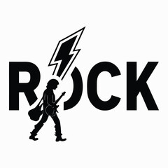 Rock Music Silhouette Typography with Lightning Bolt and Guitarist